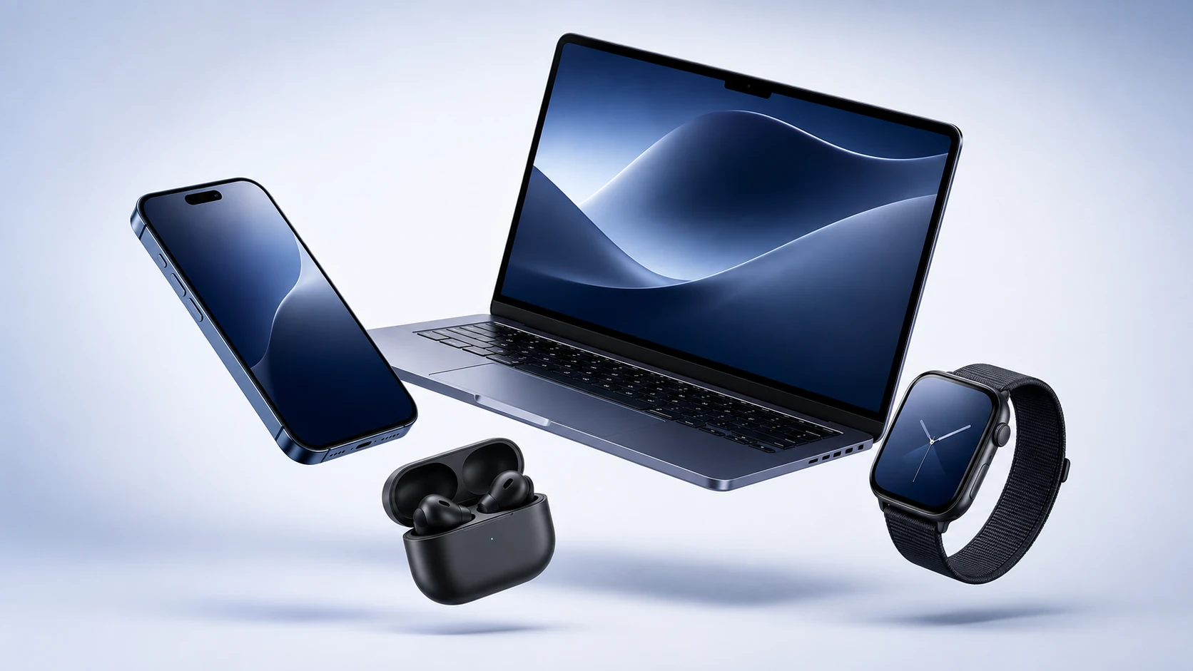 Smartphone, laptop, earbuds, and smartwatch floating together