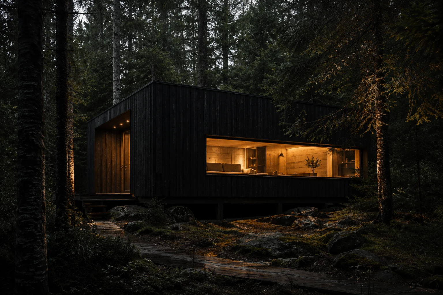Birch Hollow Cabin exterior in the forest at dusk