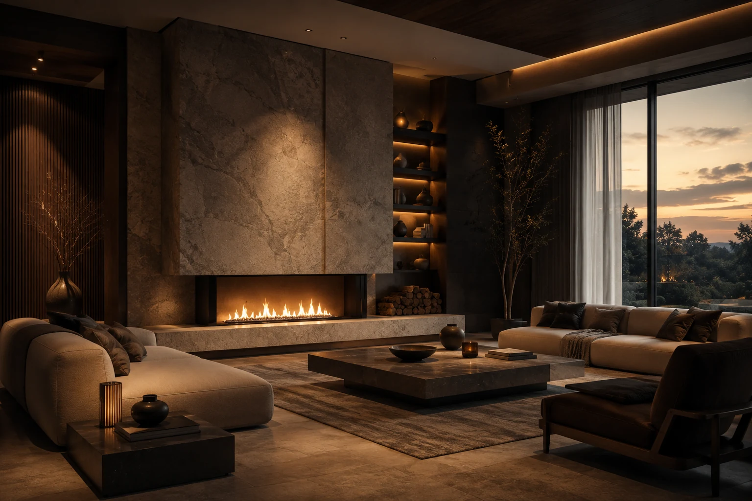 Elm Ridge House living room with stone fireplace