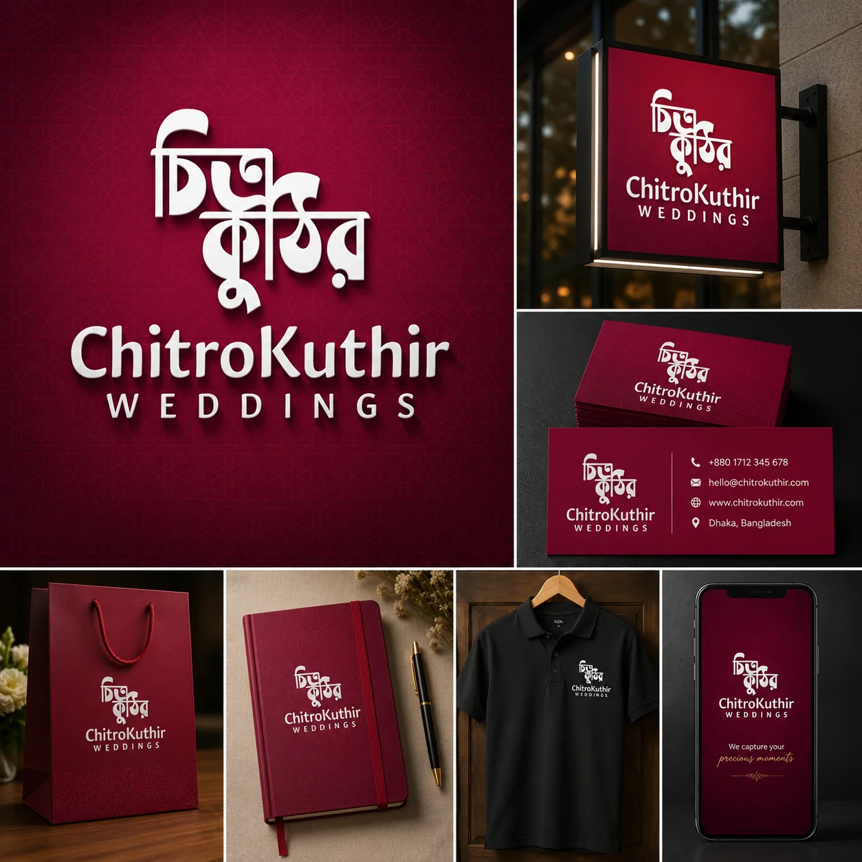 ChitroKuthir Weddings brand identity, logo, signage, business cards, and merchandise mockups