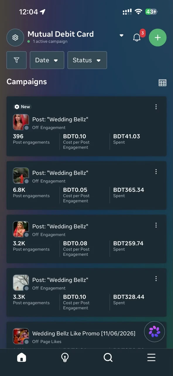 Wedding Bellz Meta Ads Manager campaign results