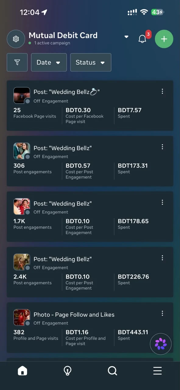 Wedding Bellz Meta Ads Manager campaign results, additional campaigns